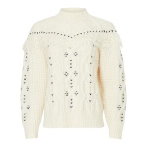 Club Monaco Embroidered Fringe Mock Neck‎ Cable Knit Wool Blend Sweater Small